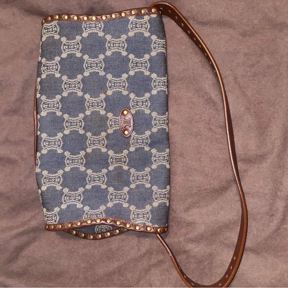 Celine Denim and Brown leather Studded Shoulder Bag - Picture 2 of 16